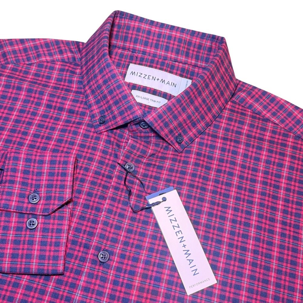 Mizzen+Main Mens XXL Trim Fit Plaid Performance Dress Shirt Long Sleeve Red NWT